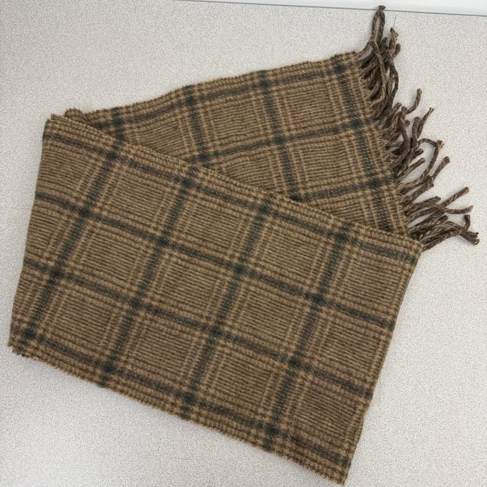 Polo Ralph Lauren Scarf Mens Brown Plaid Herringbone Reversible Lambs Wool Acry